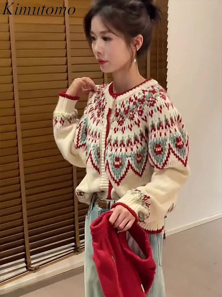 Kimutomo Chic Pattern Jacquard Oversized Sweater Women Contrast Kawaii Knitted Cardigan Korean Sweet Gentle Wind Cardigans