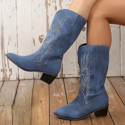 Women's Mid-Calf Cowboy Boots 2023 Winter Shoes for Female Fashion Slip-on Square Heel Casual Shoe Med Heel Hot Sale Ladies Boot