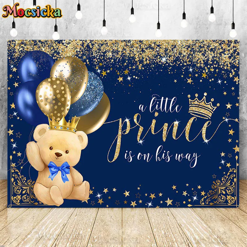 

Mocsicka Happy Birthday Backdrops A Little Prince Is On The Way Bear Balloons Crown Decor Props Baby Shower Background Photocall