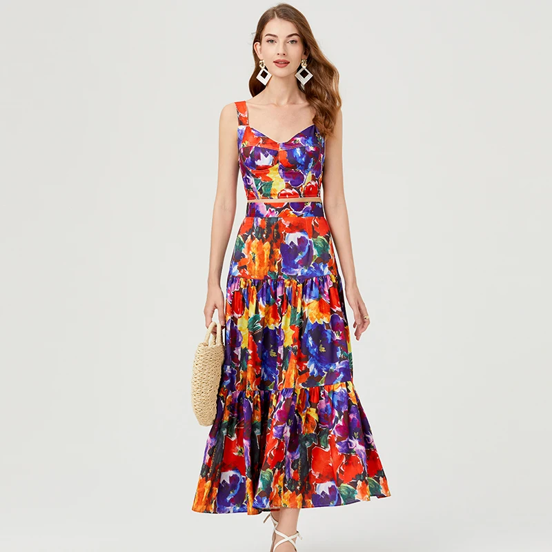 Summer 2024 Runway Dress Sets Two Piece Women Designer Print Sleeveless Crop Top and Long Skirt Suit Sexy Holiday Party Outfit