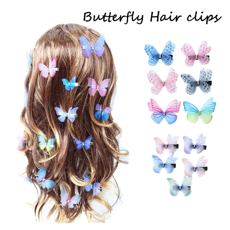 Mixed 3D Tulle Double Layers Chiffon Fabric Butterfly Hair Clips Decoration Party Decor Sewing Crafts