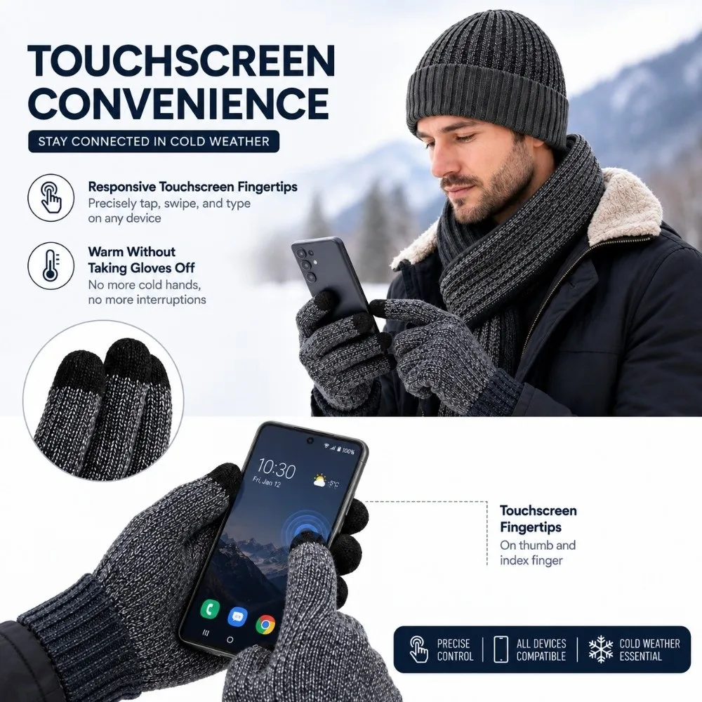3Pcs/Set Warm Winter Hat Scarf Gloves Set Non Slip Thicken Scarf Neck Warmer Suit Windproof Soft Knit Beanie Snood Set for Men
