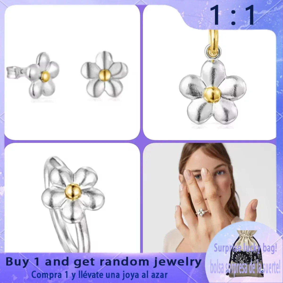 

Spanish Bear Ladies Jewelry Set Gold Plated Small flower pendant Bright light Mini earrings ring Stage show party accessories