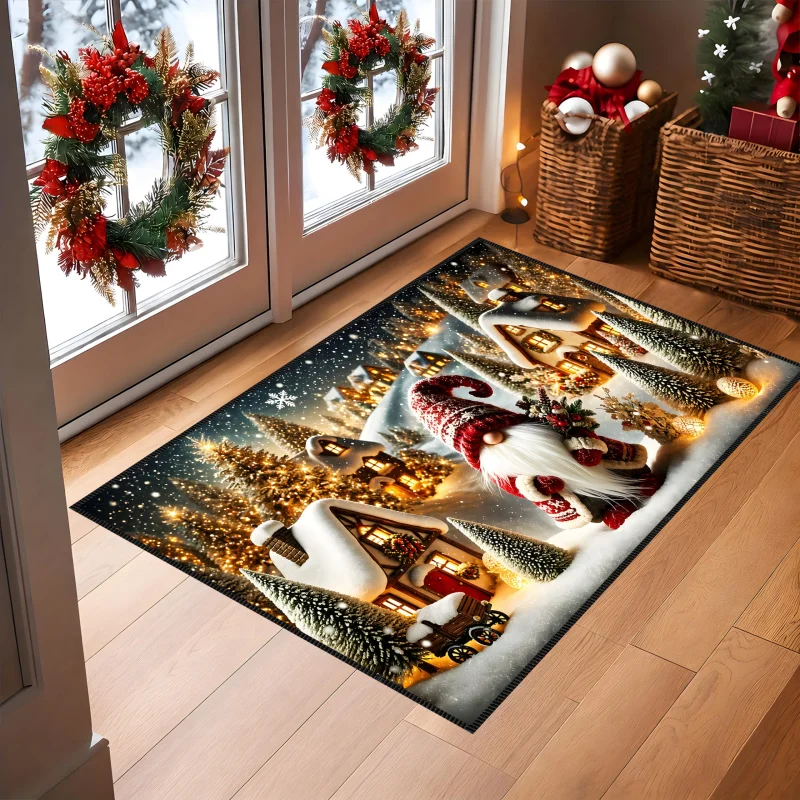 VIKAMA Christmas Gnome Doormat Winter Snow Village Scene Print Non Slip Floor Mat For Entryway Porch Xmas Holiday Home Decoratio