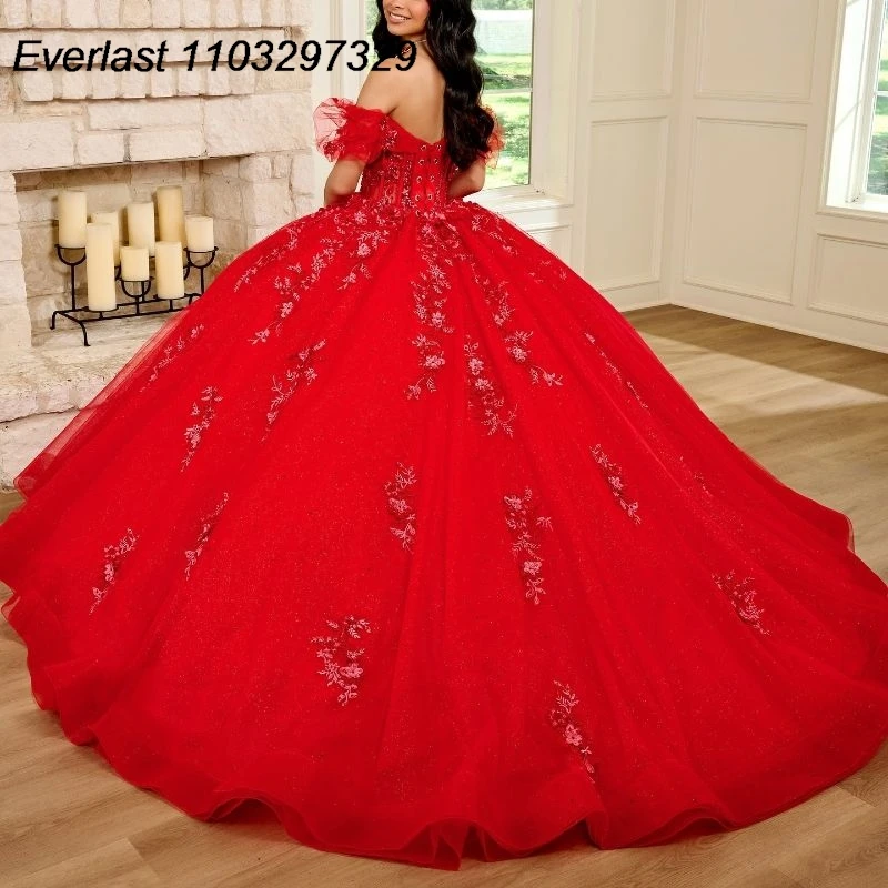 

Блестящее красное платье EVLAST для Quinceanera, бальное платье, 3D Цветы, аппликация, бисер, кристаллы, корсет, милое платье 15 лет TQD590