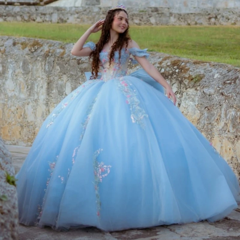 

Sky Blue Shiny Quinceanera Dresses Off The Shoulder Applique Lace Beading Bow Tull Party Birthday Sweet 16 Dress Vestidos 15