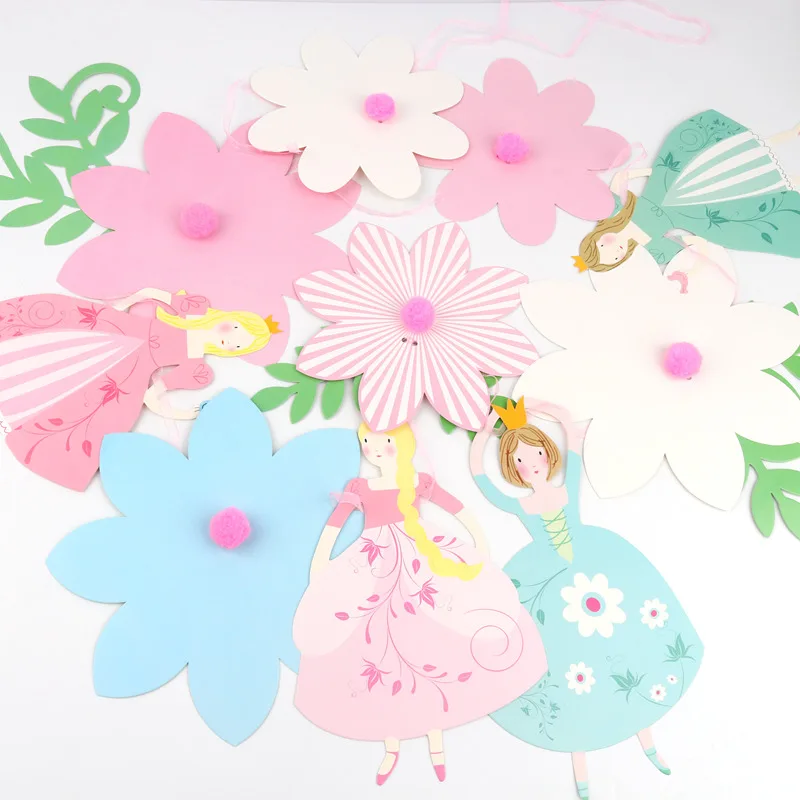 1pc 2.8m Rope Princess Pull Flag With Flower Blue Pink Green leaves For Girl Birthday Party Room kindergarten Decor Parent-child