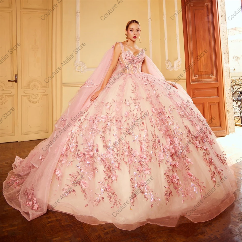 Pink Spaghetti 15 Year Old Quinceanera Dresses With Cape Beaded Appliques Ball Gown 2025 Birthday Luxury Dress Customized