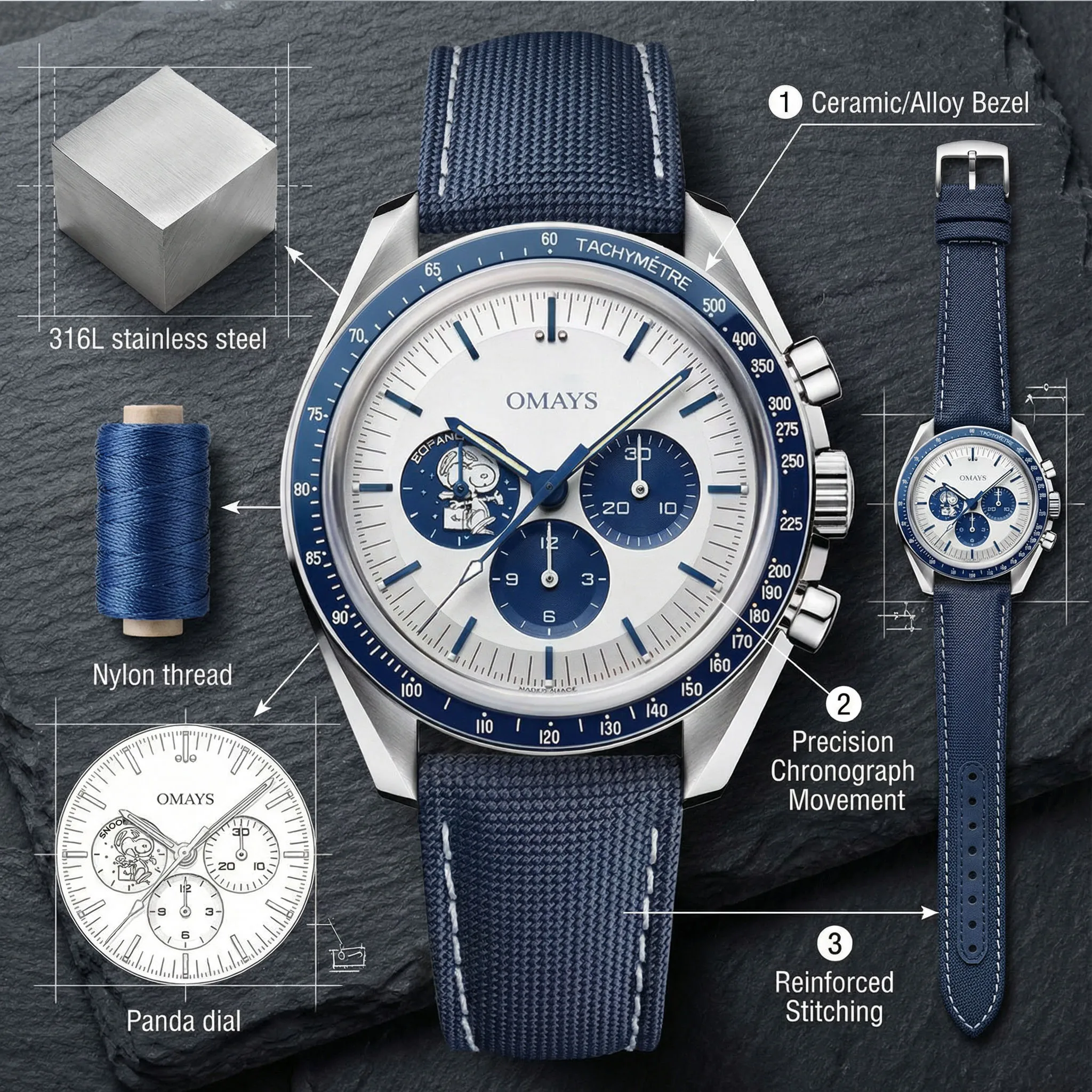 OMAYS Classic Blue Accent Watch, Chronograph Subdials & Tachymeter Scale, Timeless Design for All Occasions