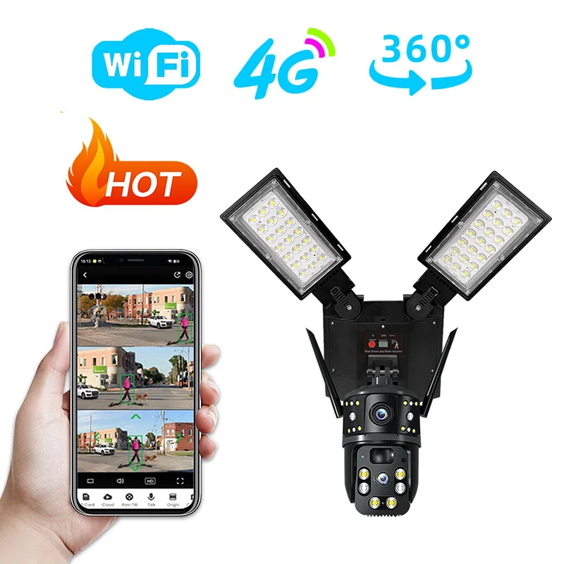 Outdoor 4G WiFi Solar PTZ Security Camera 3‑Lens LED Street Light CCTV Camera 6MP IP66 Two‑Way Audio Human Motion Detection