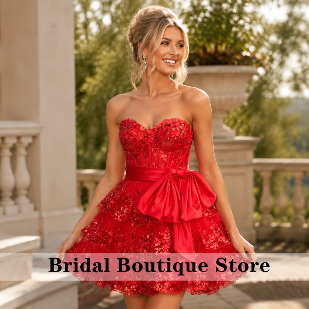 

Red Customized Tiered Lace Appliques Homecoming Dresses for Teens Sequins HOCO Formal Cocktail Party Gowns with Bow