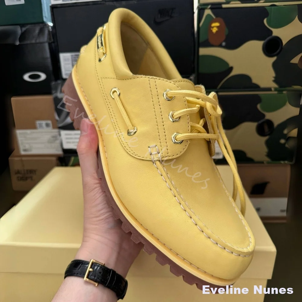 Preppy Style Yellow Leather Loafers Women/men Lace‑Up Moc Toe Platform Lug Sole Boat Shoes Casual Street Daily Walking Flat Shoe