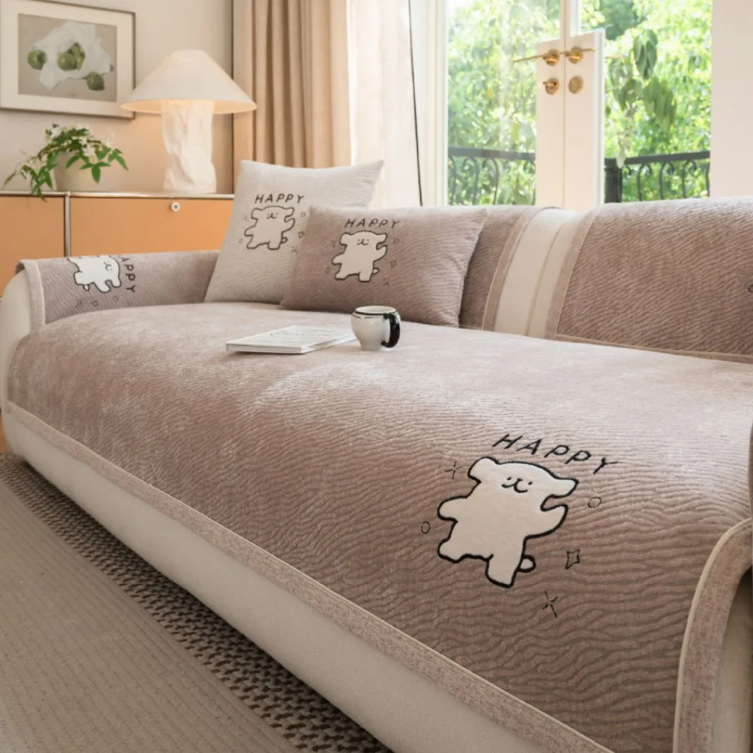 Chenille Sofa Cushion Cover Universal Non-Slip Fixed Straight Row All-Seasons Slipcover for Home Comfort