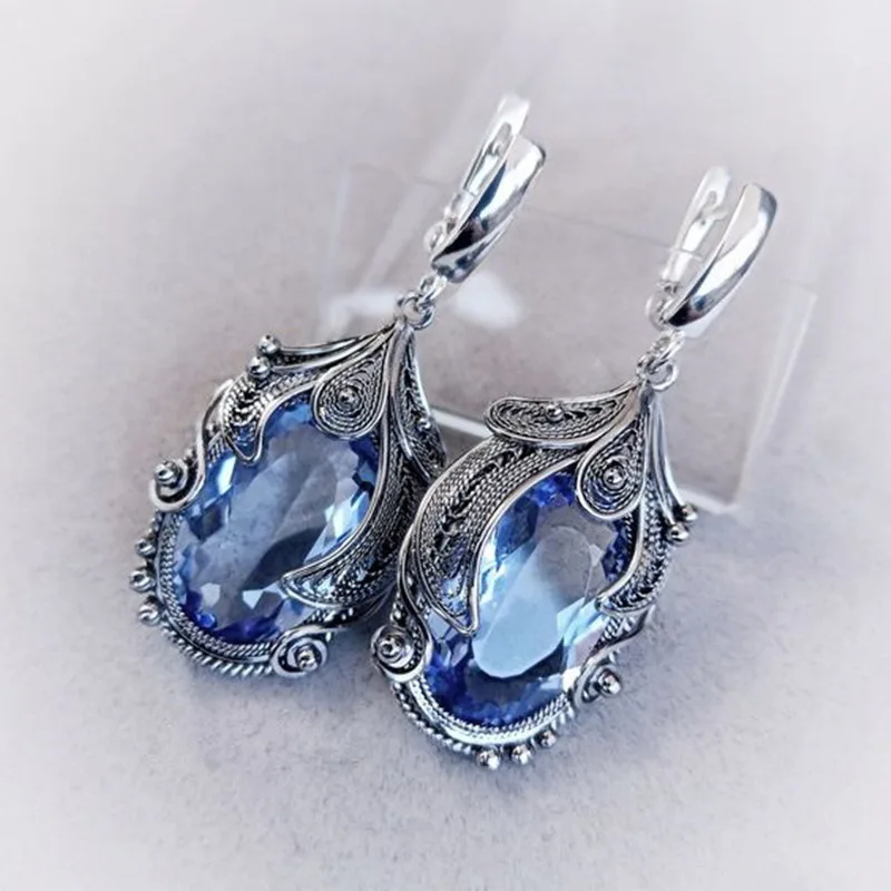 Luxury Silver Color Inlaid Sea Blue Zircon Drop Earrings Exquisite Fashion Carving Pattern Engagement Dangle Earrings for Women