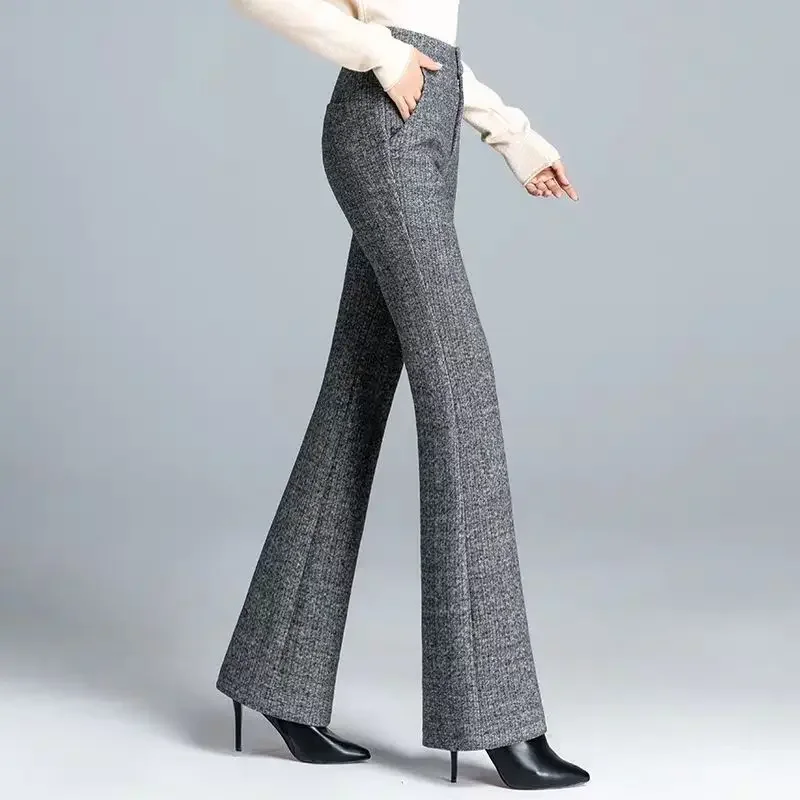 Pantalon Évasé en Laine Épaisse pour Femme de Bureau, Slim, Taille Haute, Jambes Larges, Couleur Unie, Mode Coréenne, Nouvelle Collection Automne Hiver