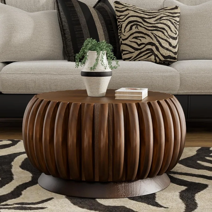 

Круглый журнальный столик Современный рифленый журнальный столик Mid Century Drum Accent Центральный стол для гостиной Небольшое пространство Квартира Дерево (