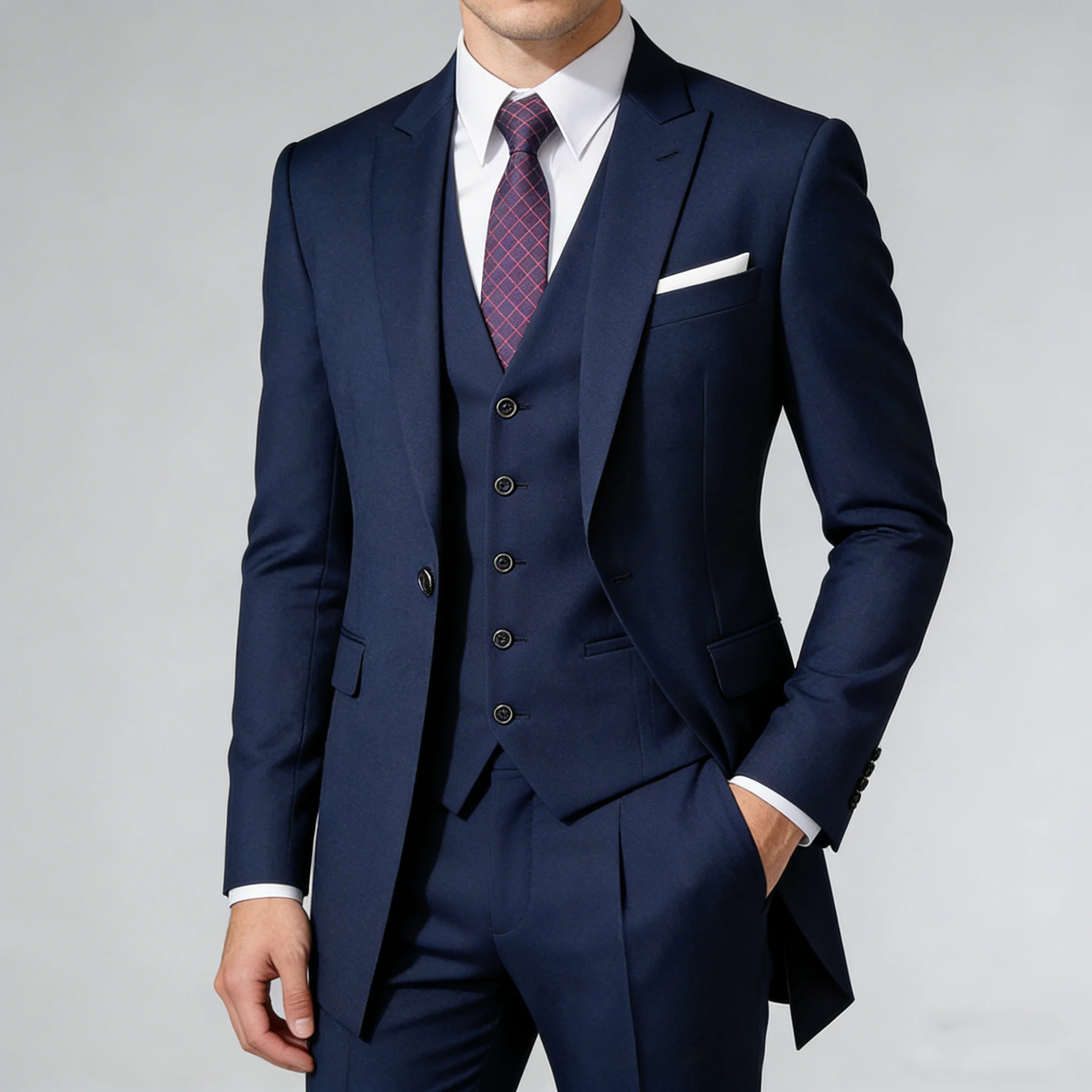 

Men's Slim Fit 3 Piece Navy Blue Suit Wedding Groom Formal Business Wool Blend Suit for Men with Vest Pants