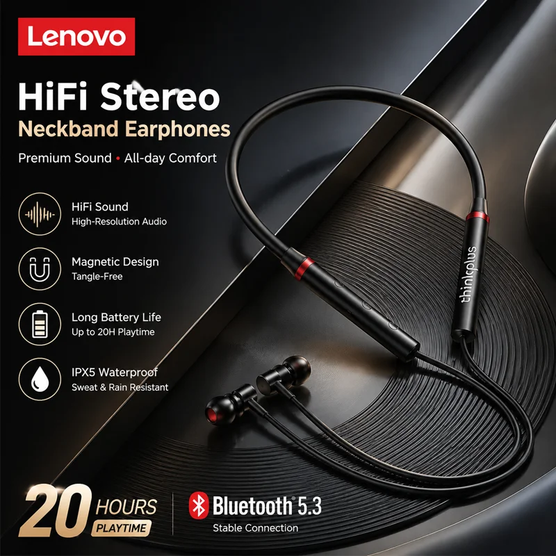Image of Original Lenovo HE05X Bluetooth-Kopfhörer, wasserdichte Ohrstöpsel, HIFI-Sound, magnetischer Nackenbügel-Kopfhörer, Sport-Kopfhörer, Geschenk