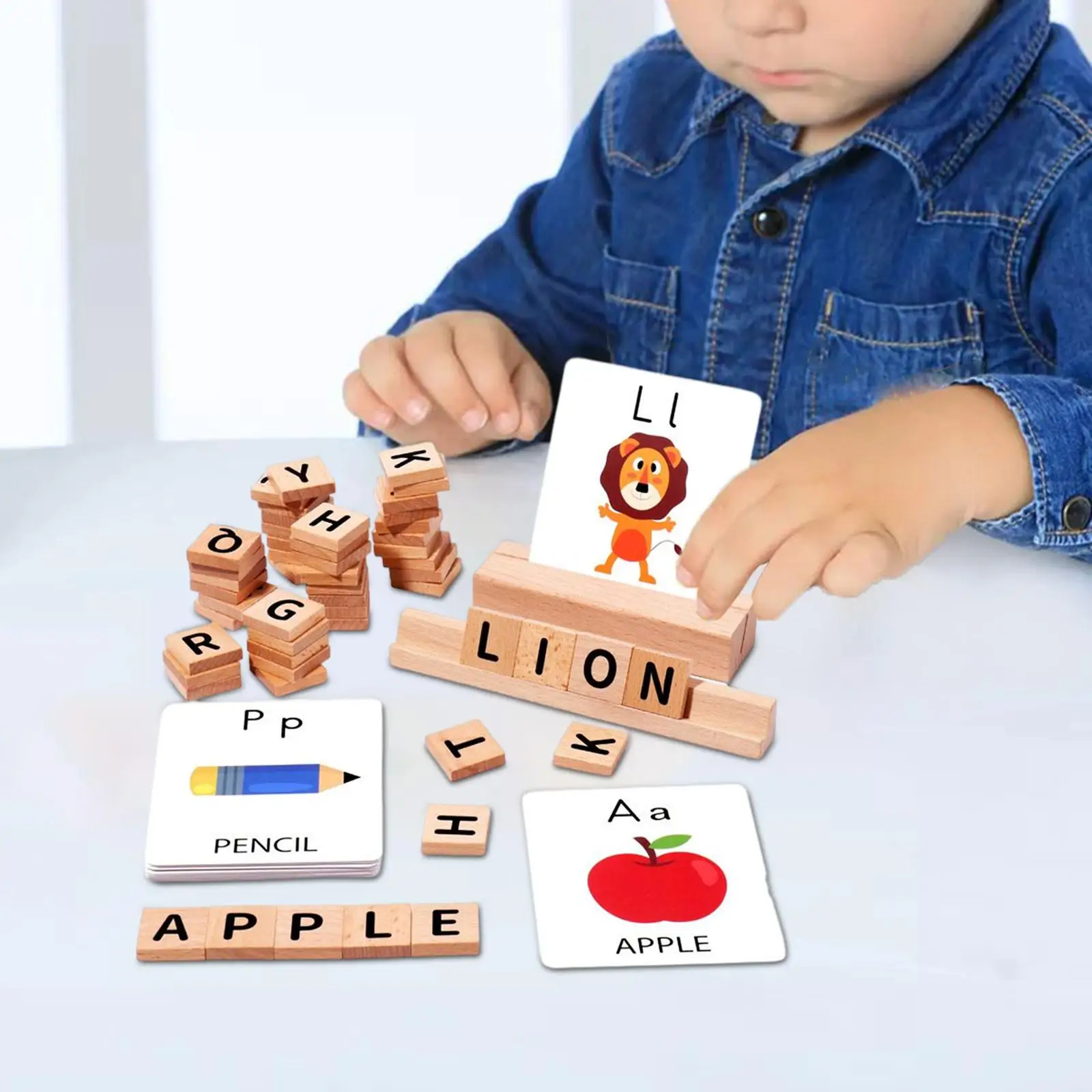 

Wooden Blocks Spelling Game,Alphabet Matching Flash Cards ABC Sight Words