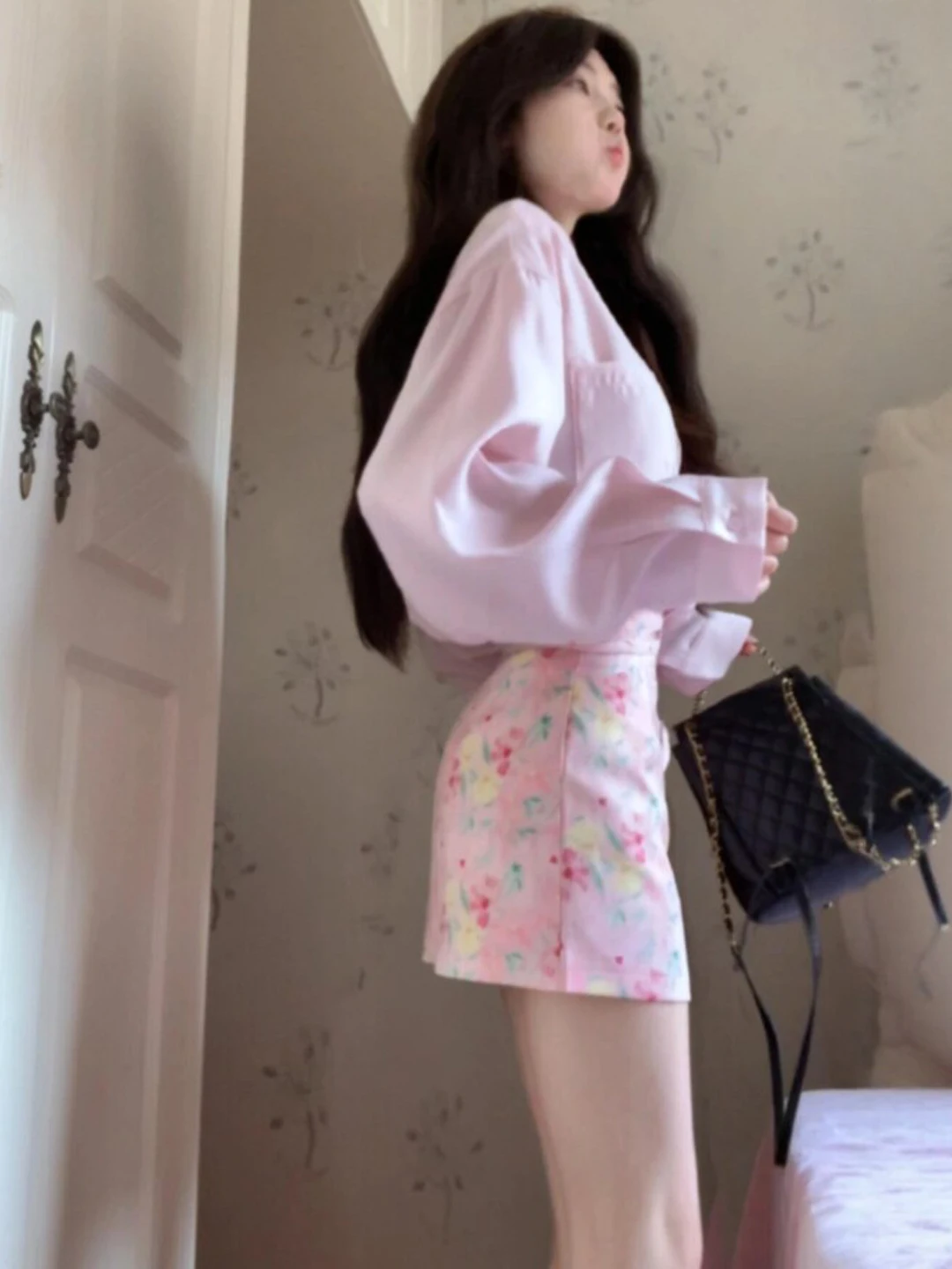 

Early Spring Floral Print Set Gentle Style Half Skirt Youthful Whole Outfit OOTD Comfortable Long Sleeve Shirt High Waist Skirt