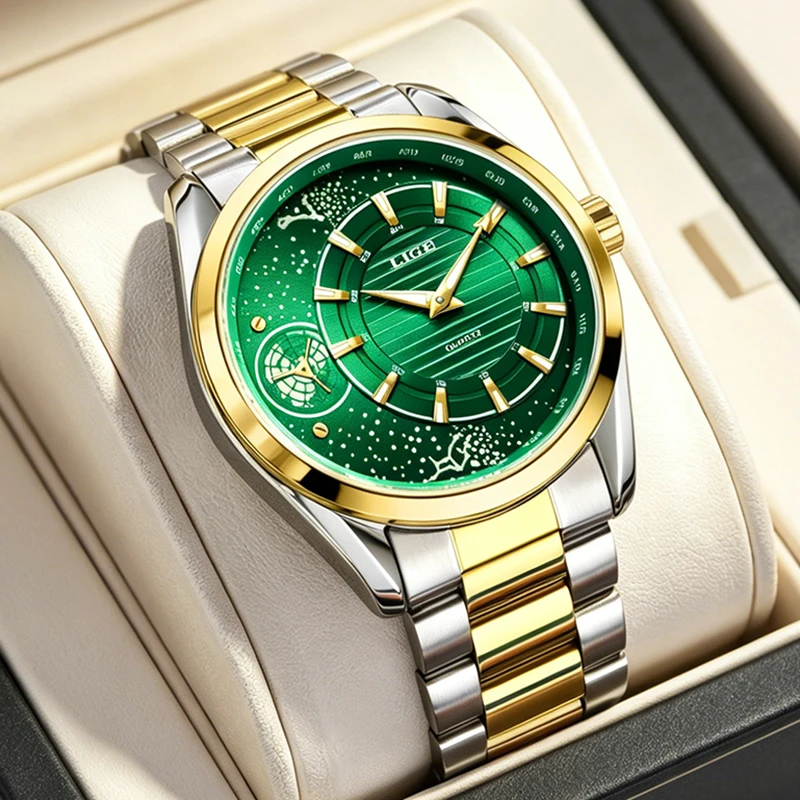 

LIGE New Green Starry World Map Big Dial Watch Men Fashion Waterproof Luminous Men Quartz Watches Luxury Gift Wristwatch For Men