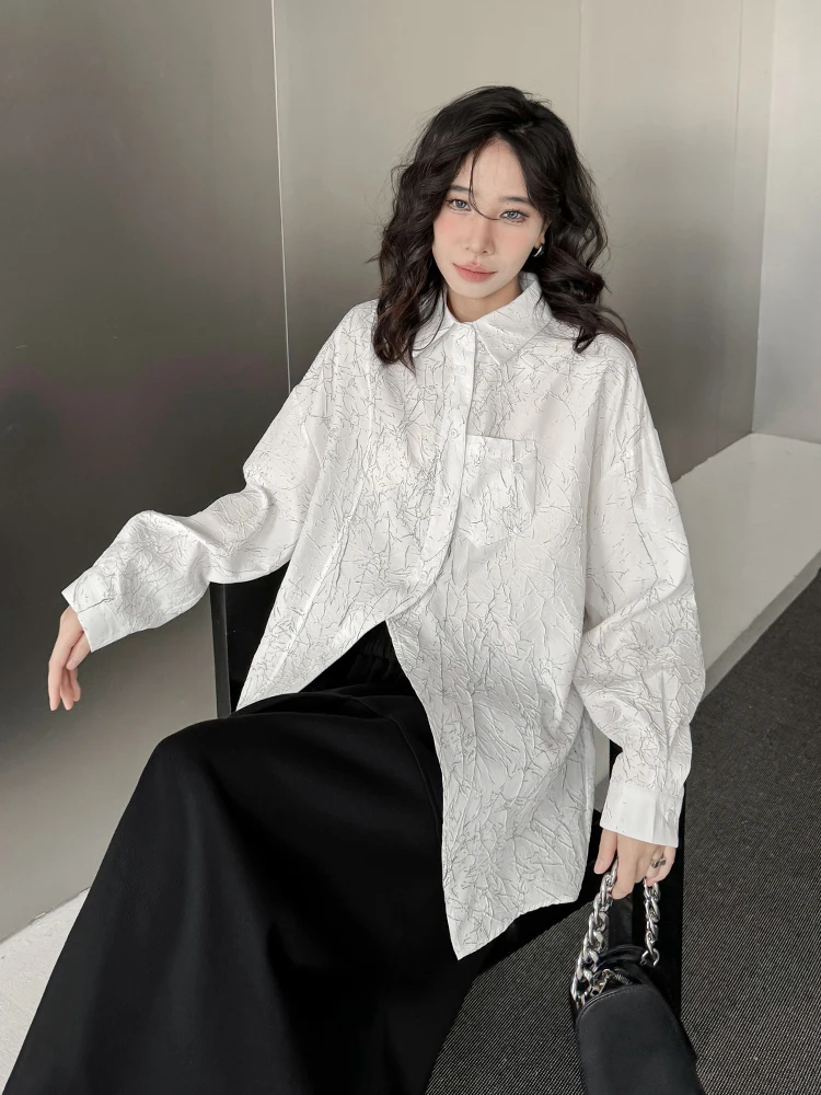 

Casual Sle Women's irt Faionable Loose Slimming Versatile Pred Pleat Irregular Design Polyester Fiber Long Sve Po...