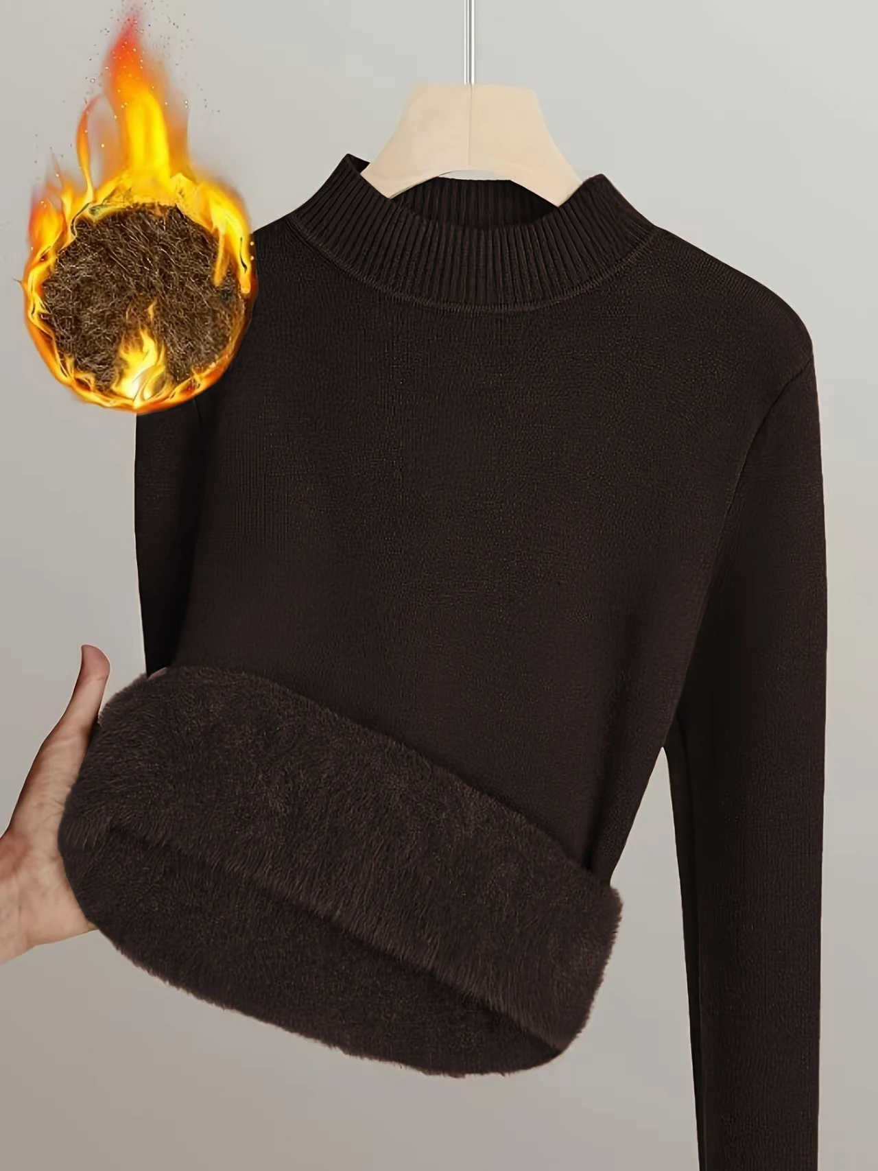 

Women's solid color small stand up collar spliced with thick velvet, warm and versatile base woolen pullover top