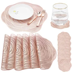 12Pcs Placemats And Coasters Set Rose Golden Round Pressed Place Mats Heat-Proof Kitchen Mats Washable Dining Table Centerpieces