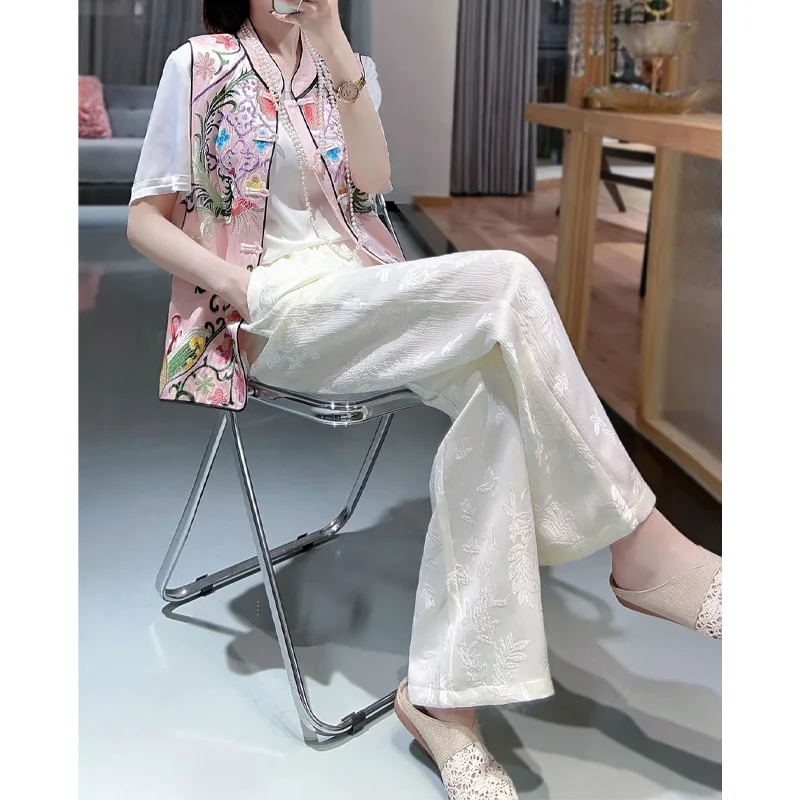 2023 New Spring and Autumn Luxury Retro High Waist Embroidery Slim and Simple Versatile Loose Casual Women\'s Wide Leg Pants