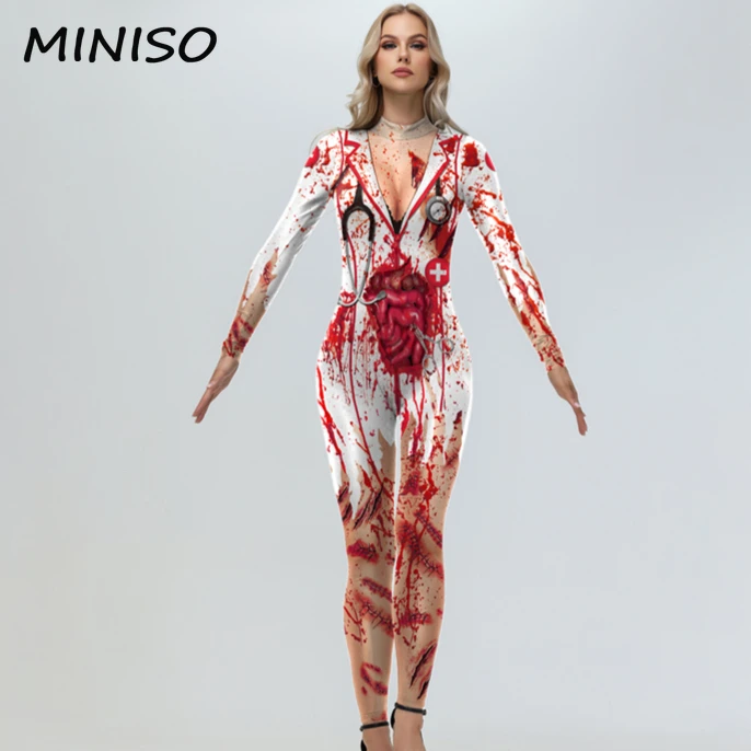 MINISO Halloween Cosplay Costume for Womem Doctor NurseHorror Blood Printed Jumpsuit Carnival Party Zentai Bodysuits Dress Up