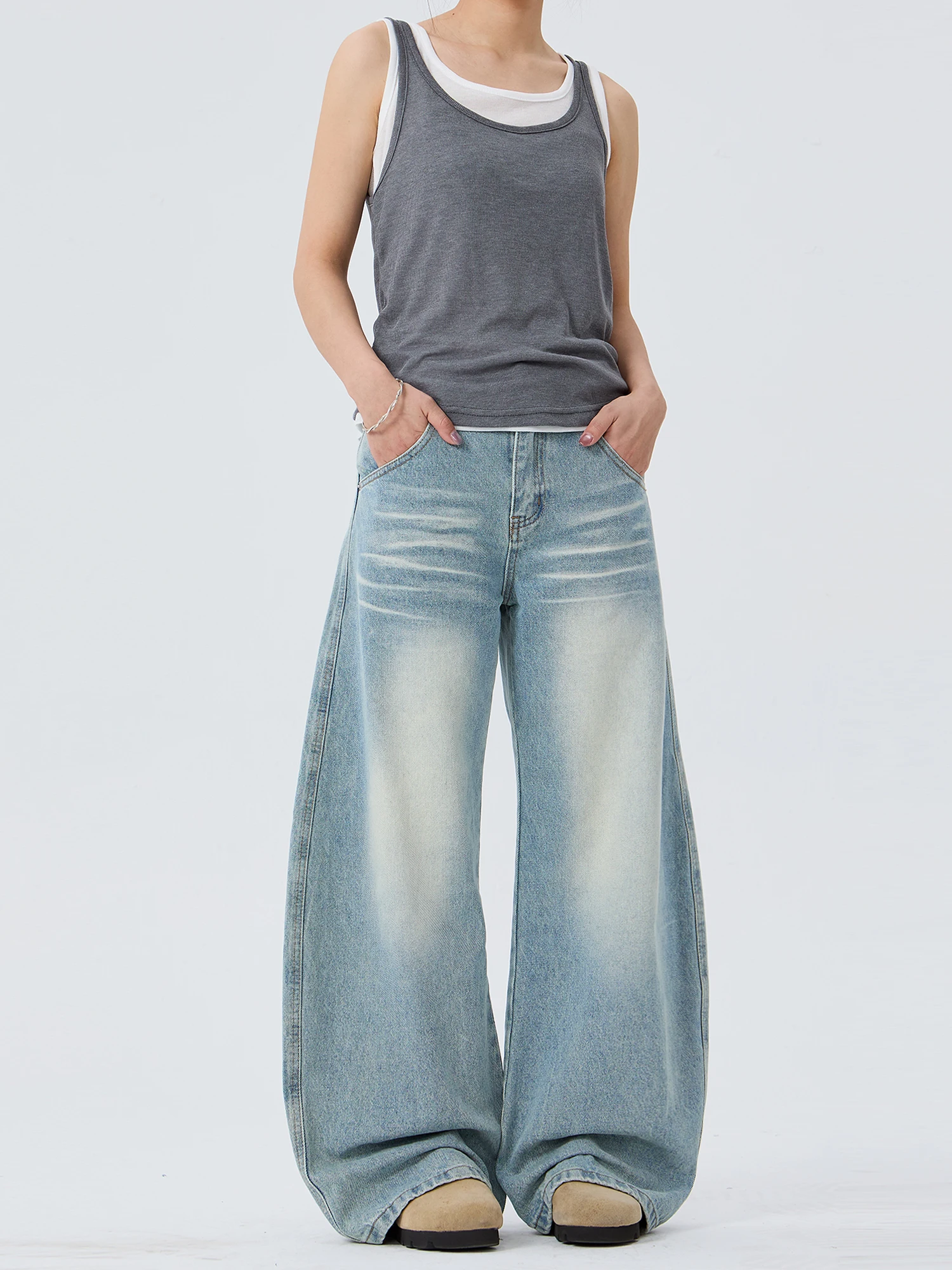 

Джинсы Wbsn в американском ретро-стиле, светло-голубые, широкие, свободного кроя, повседневные, для мужчин и женщин, прямой крой, деним