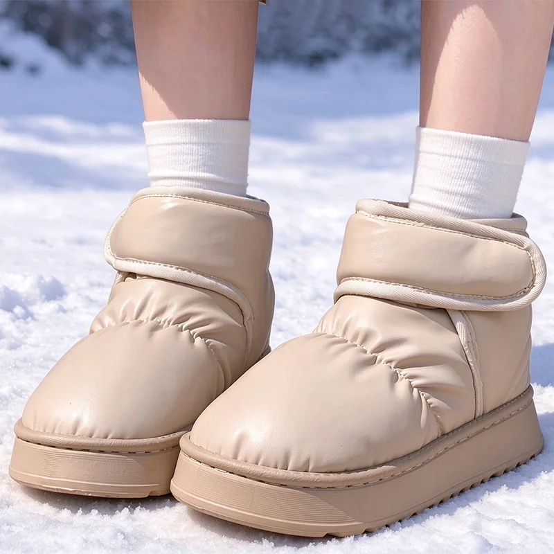 Lightweight Platform Waterproof Thicken Warm Plush Snow Boots Winter Pu Leather Soft Bottom Ankle Boots Women Fleece Lined Shoes