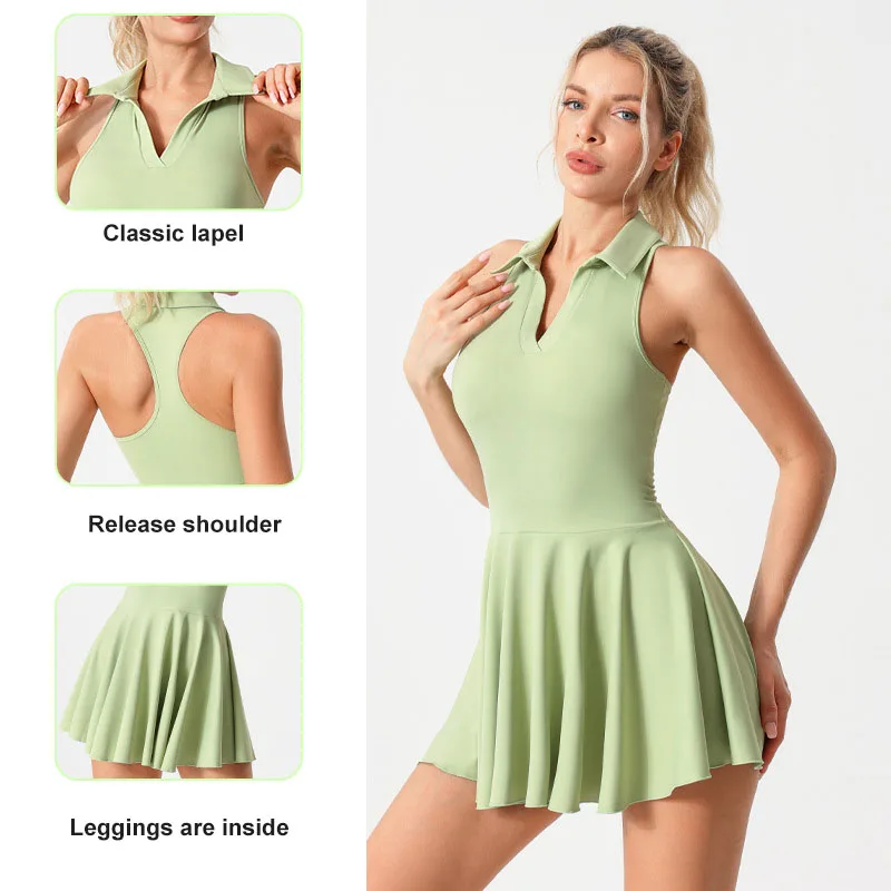 Nadanbao Women Yoga Tennis Dress Bra Pad Lapel Sportswear Running Dress Sleeveless Workout Shorts Fashion Tennis Pleated Dress