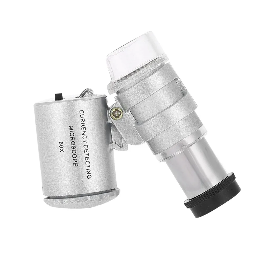 60X Magnification Pocket Microscope Adjustable Length Metal Material Mini Microscope LED Light Magnifier Loupe Lab Accessories