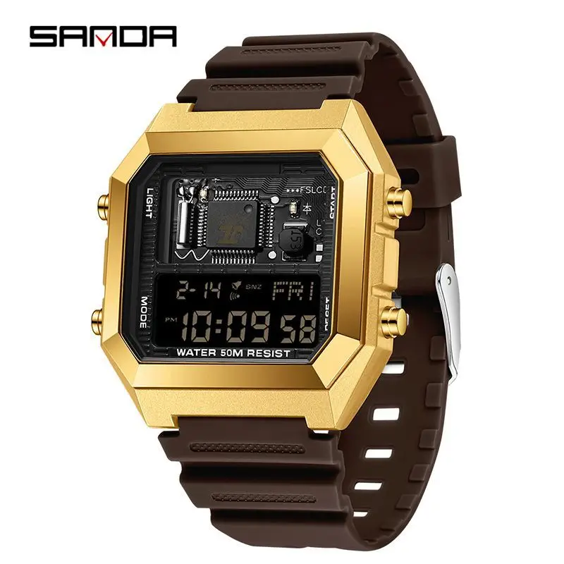 SANDAD 6216 Men\'s Electronic Watch Square Multifunctional Chronograph Date Silicone Strap Digital Display Wrist Watches for Male