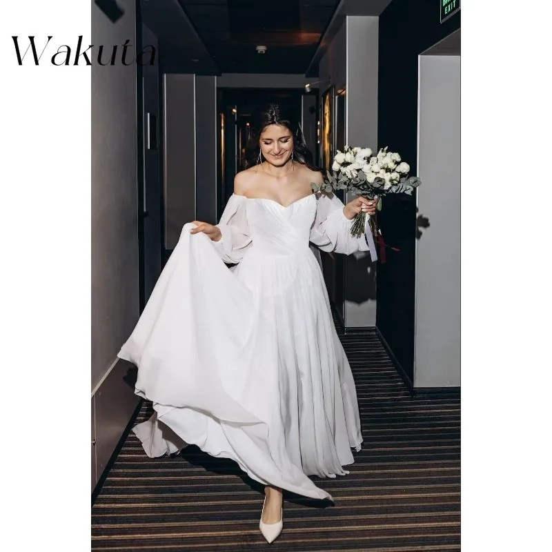 Wakuta Elegant Women’s Wedding Dress Off Shoulder Chiffon Puffy Long Sleeves Formal Prom Evening Dresses Dubai Luxe with Pockets