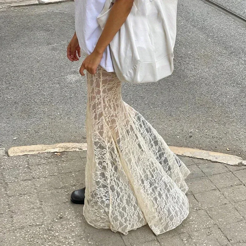 Faldas largas de sirena y trompeta de encaje de dos capas para mujer, falda Vintage elegante de cintura alta, trajes de vacaciones