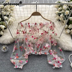 Women's Sexy Off Shoulder Mesh See Through Blouse Vintage Embroidery Sweet Kawaii Sheer Shirt Fairy Long Sleeve Loose Crop Tops