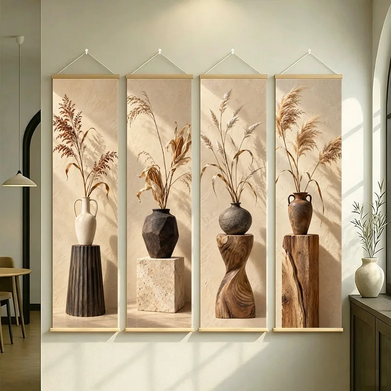 Wall Decor Giant Reed and Broom Corn, Serene Wabi-Sabi Botanical Silver Shimmer Canvas Hanging Scroll for Meditation Room