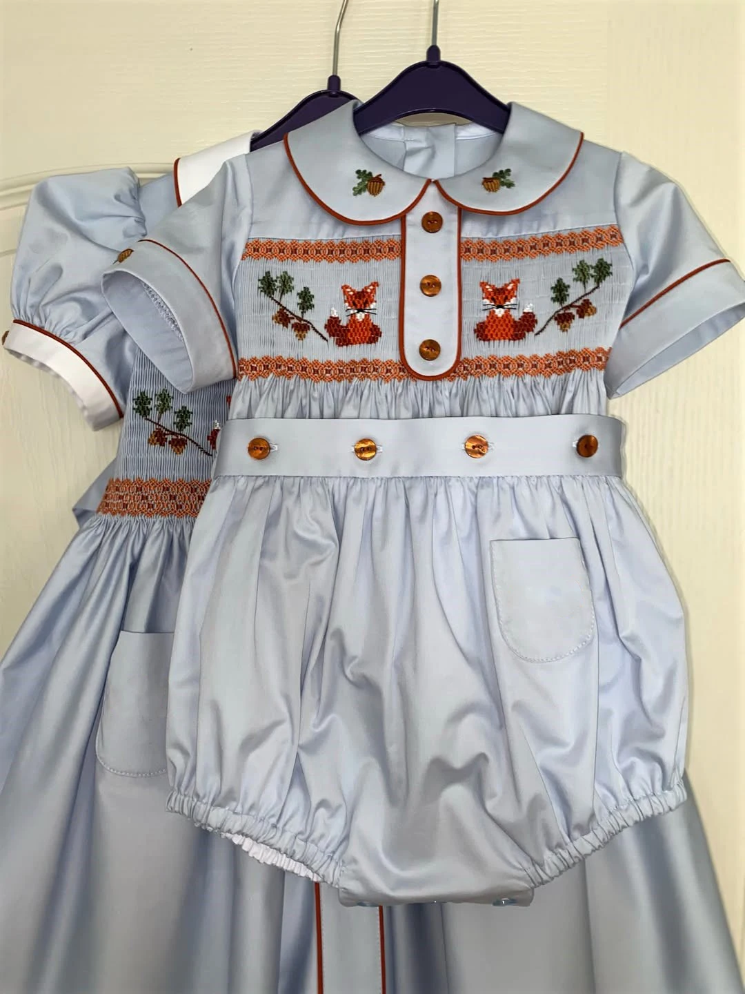 Baby Boy Girl Suit Sweet Handmade Embroidered Animal Fox Leaf Blue Smocked Dress Outfit For Casual Party Birthday Photography