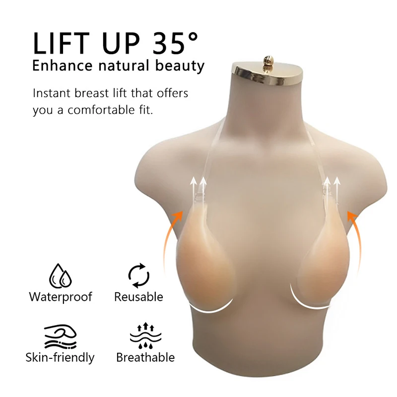 FINETOO Silicone Invisible Bra With Shoulder Strap Lift Up Nipple Cover Reuseable Adhesive Breast Pe