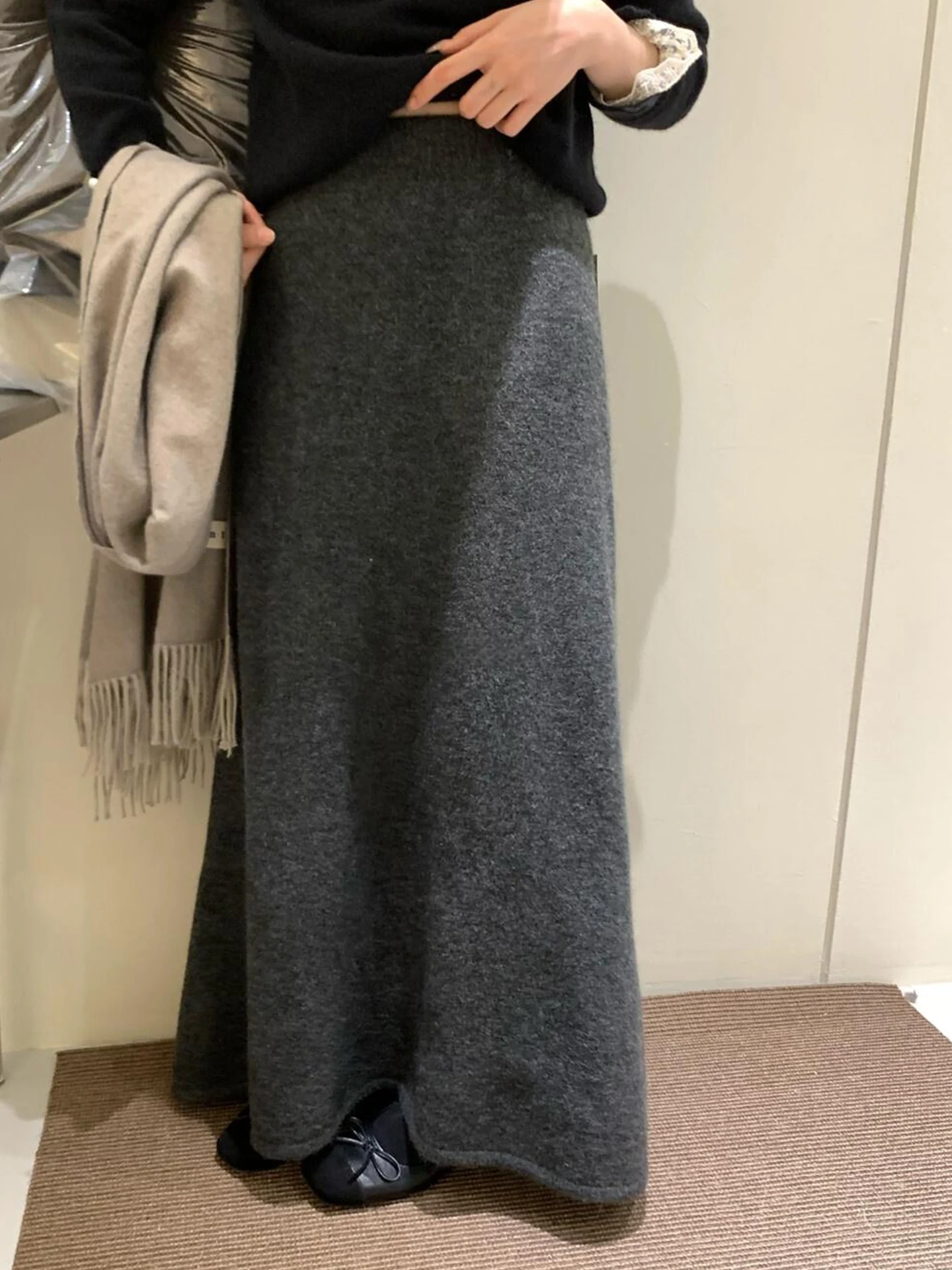 

Spring New High Waist Slimming Knitted A-Line Midi Skirt Women's Loose Korean Sle Casual High Quali Polyester Fiber