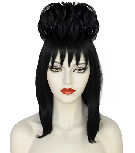 Lydia Deetz Cosplay Wig Bride Gown Costume Props Black Synthetic Straight Hair Women Girls Halloween Carnival Party Accessories