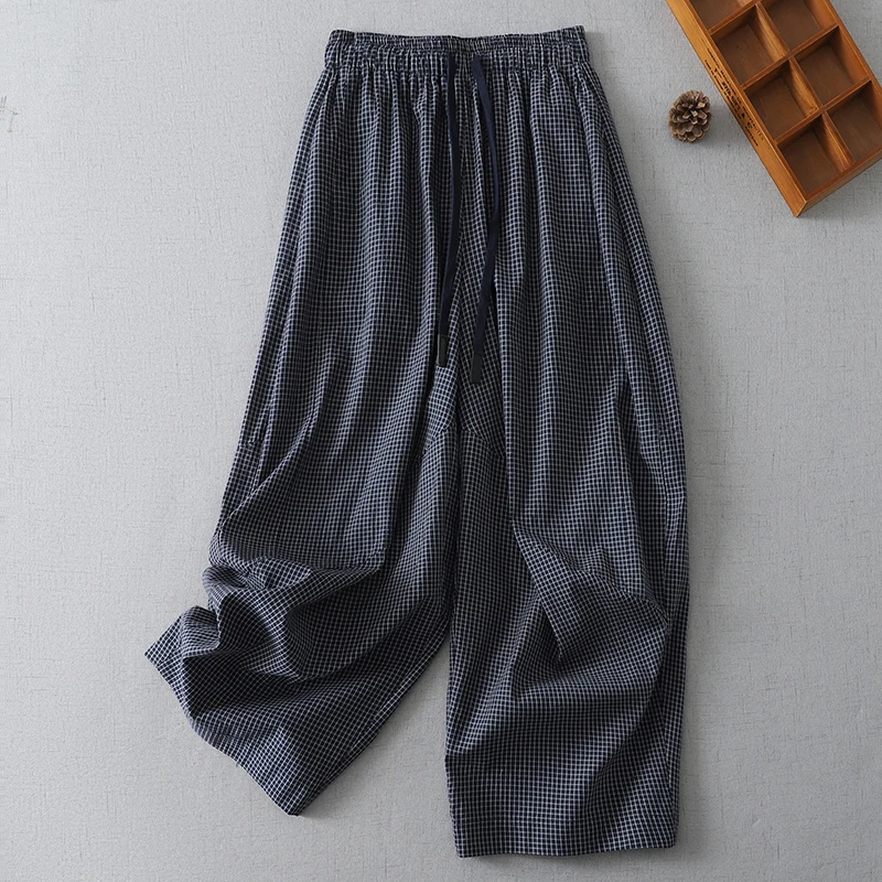 Retro Small Plaid Comfortable Lazy Style Loose Wide Leg Casual Pants Women's Spring Summer Thin Long Trousers Casual Style