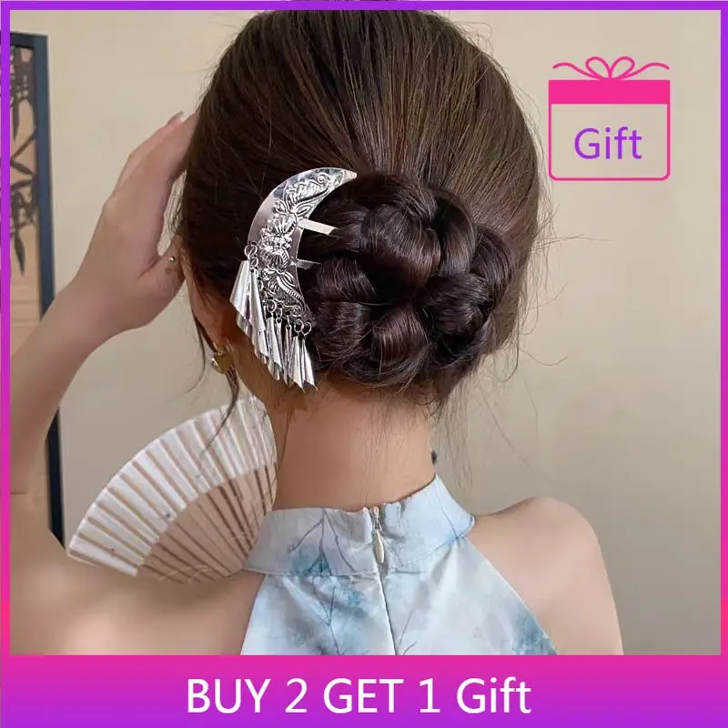 Horquilla de media luna Oriental con borla elegante, accesorio étnico minimalista para el cabello para mujer, pinza para el cabello Vintage de inspiración china