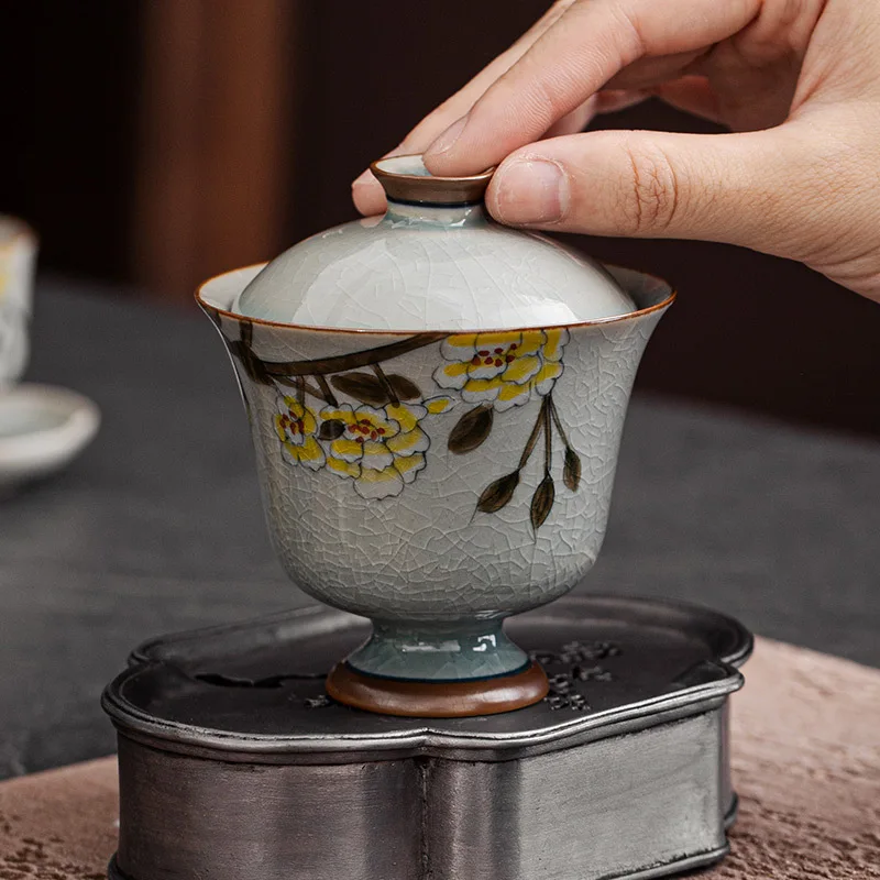 Pure Hand-painted Wood Fragrance Flower Tall Cover Bowl Teacup Single Ceramic Two Tea Bowl With Cover Home Tea Infuser