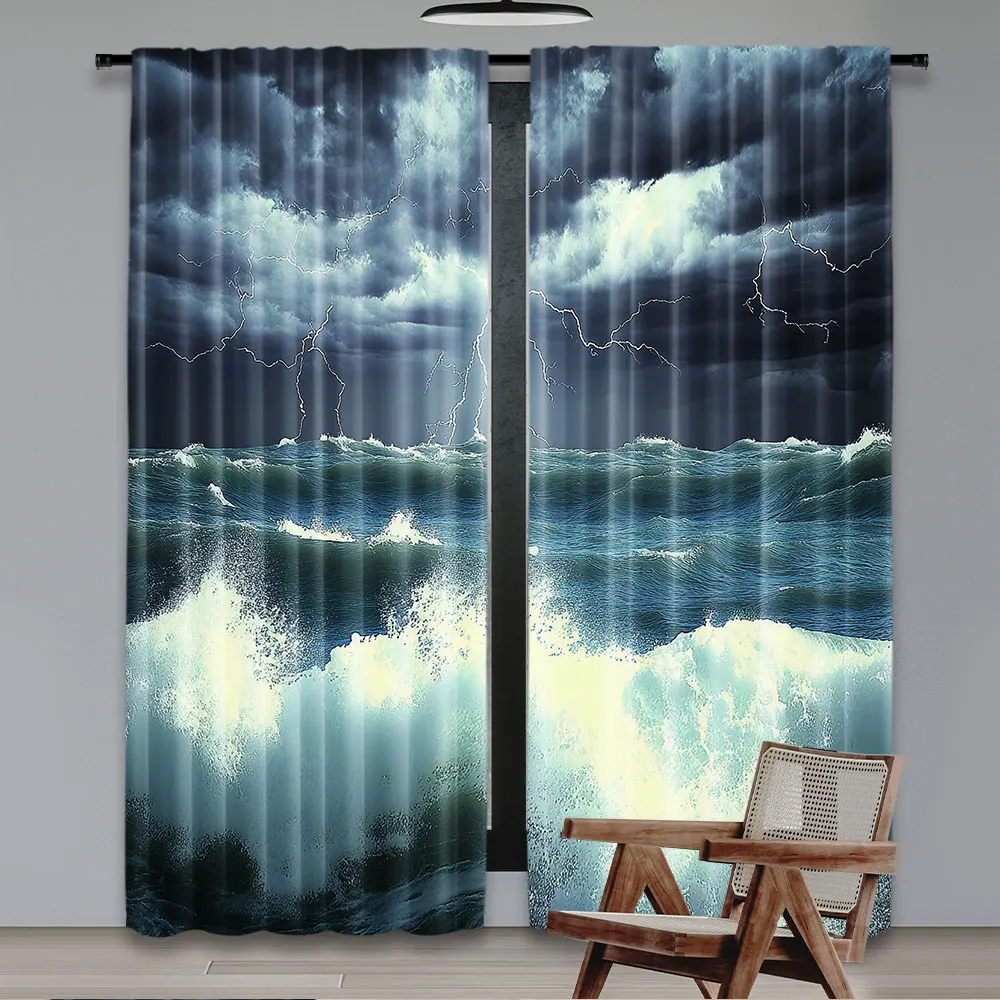 2Pcs Wave Curtain Thunderstorm And Lightning On Beach Cloudy Rainy Sky Powerful Tide Suitable For Bedroom Bathroom Living Room