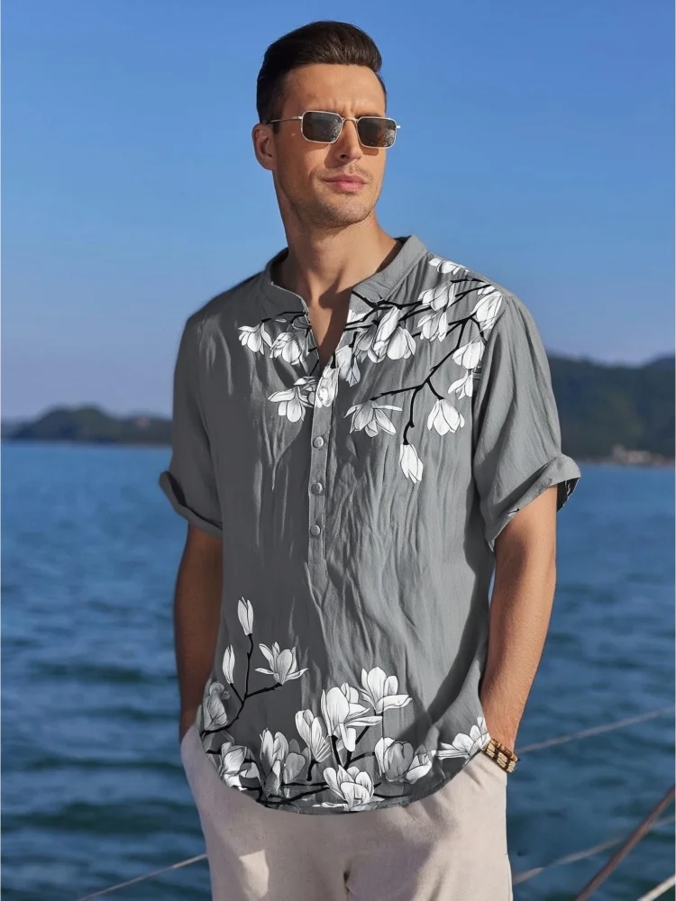 

Мужская винтажная японская рубашка с птицами и волнами в стиле ретро, дышащая тонкая блузка, летние туники с короткими рукавами и v-образным вырезом 2025