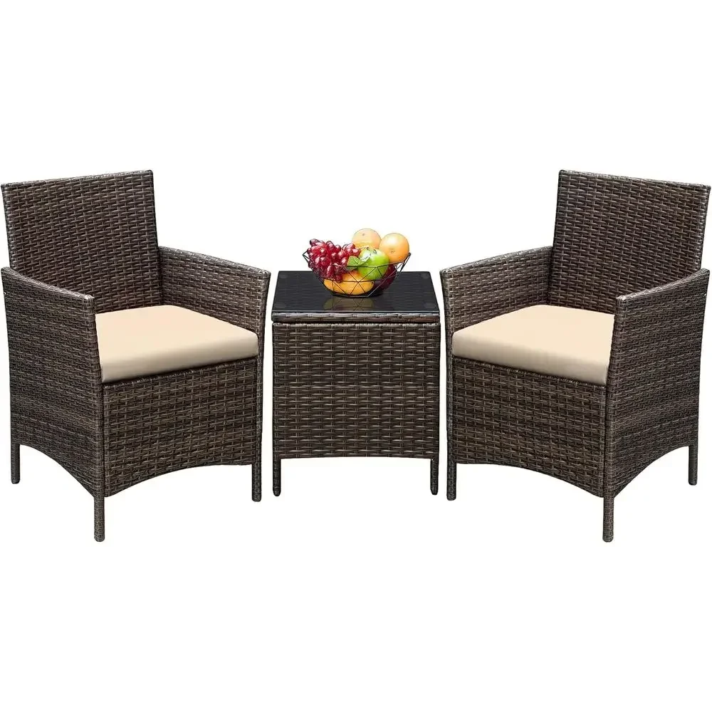 

3-Piece Outdoor Patio Furniture Set with PE Rattan Chairs, Cushions, and Glass Coffee Table - Brown & Beige