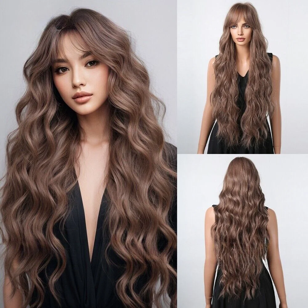 Long brown long curly hair big wave simulation full head set breathable wig Synthetic